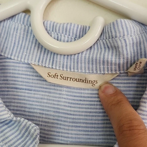 Soft Surroundings Linen Maxi Dress Blue White Striped Embroidered Side Slits S - Picture 6 of 11